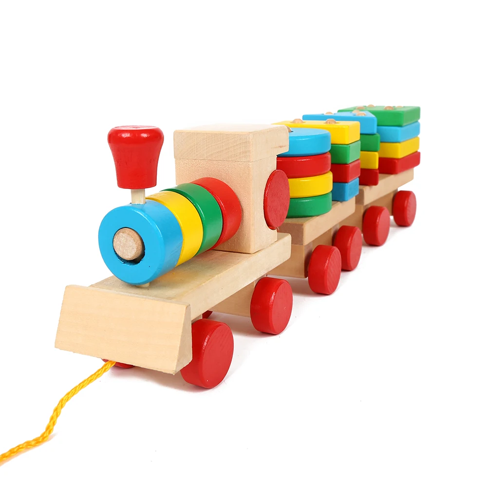 New arrival stock kids toys train educational pull cart wooden block train pull push toys