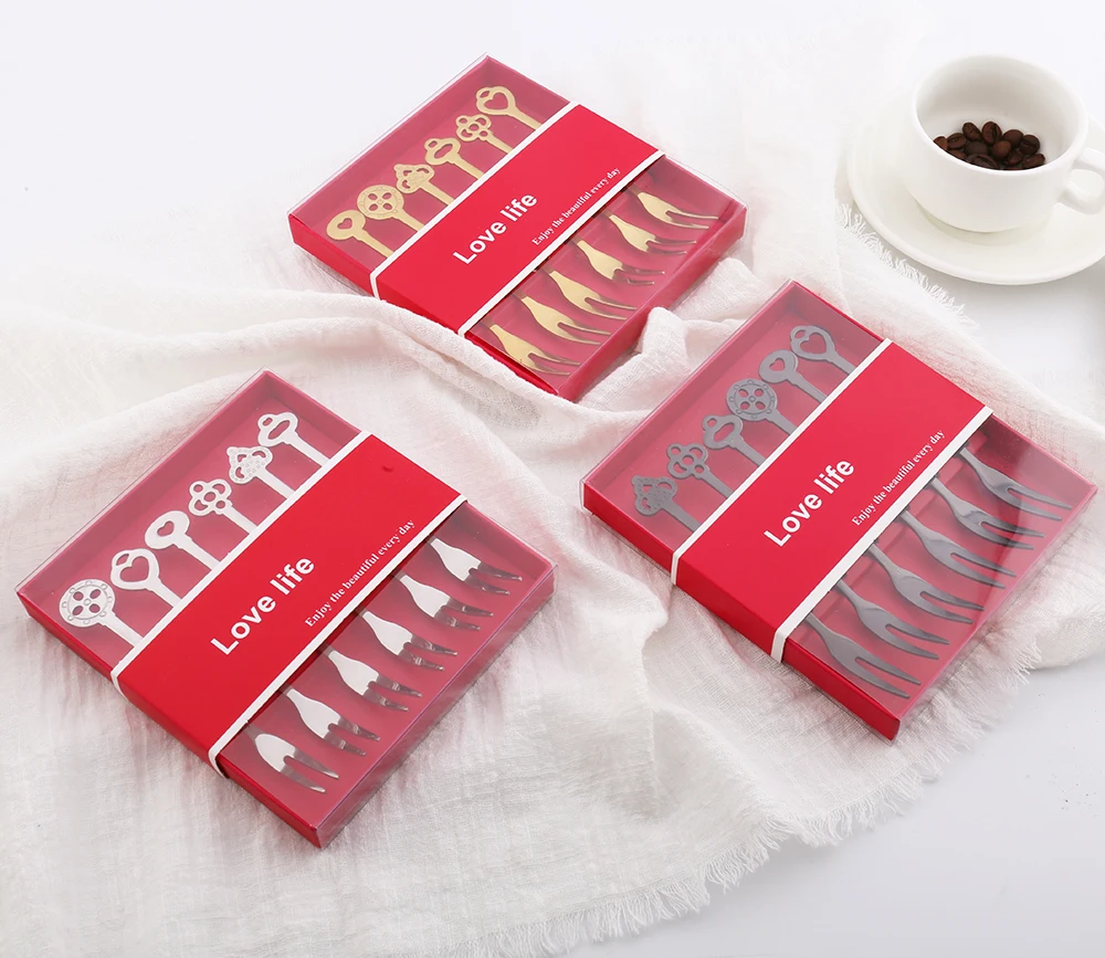 
6Pcs stainless steel fork gift box two teeth cake dessert fruit fork set 