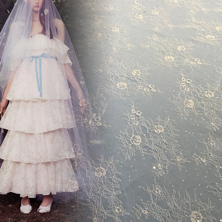 9076Yanzi custom bridal wedding dress Luxury tissu en dentelle french tulle lace chantilly eyelash lace fabric