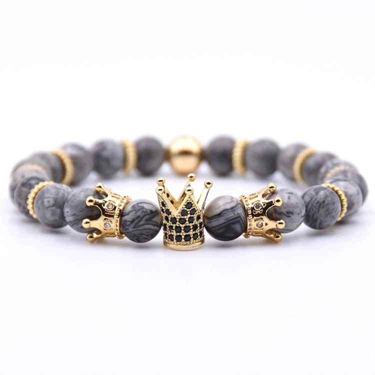 
Fashion Wholesale Natural Lava Gold King Crown Couple Beads Bracelets 