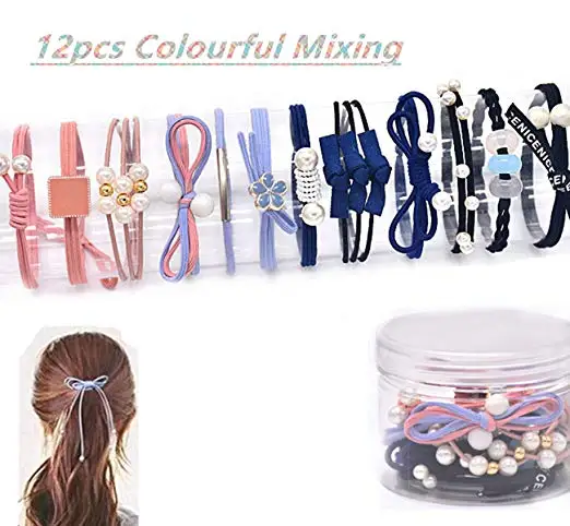 12Pcs Girls Women Pearls lucky Bowknot Flower Hair Accessories Elastic Hair Ties Hair Ropes Fashion Headbands Ponytail Holders