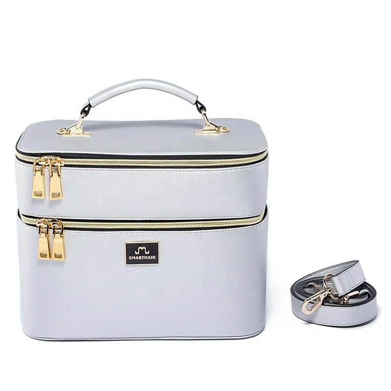 
Large Custom Makeup PU Leather Bag With Compartment Portable Organizer Big Multilayer Capacity Cosmetic Silver Make Up Case 
