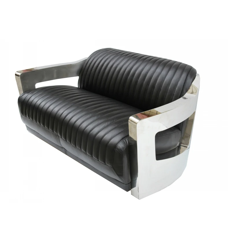 Modern Full Top Grain Leather Living Room Sofa With Stainless Steel Armrest Aviator Sofa