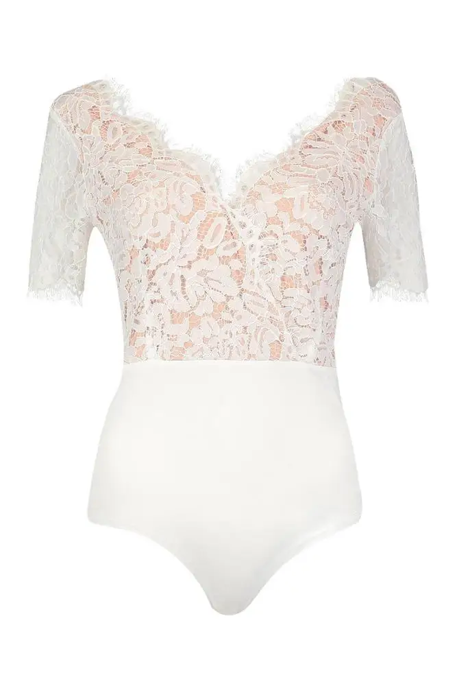 Summer Fashion Design White Lace Bodysuit For Women Short Sleeve Daily Wear Female Top China Factory