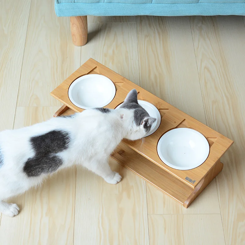 High Quality Bamboo Incline Cat Bowls With Two Ceramic Bowl Raised Cat Food Bowl