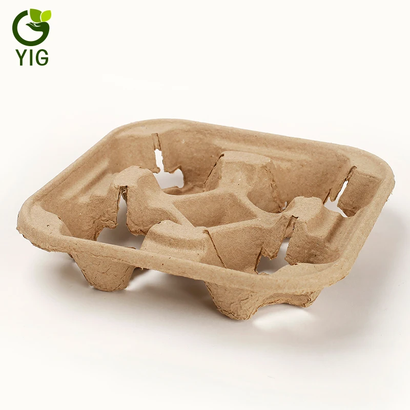Four Cup Dry pressing molded pulp inner packaging paper carry coffee cup tray
