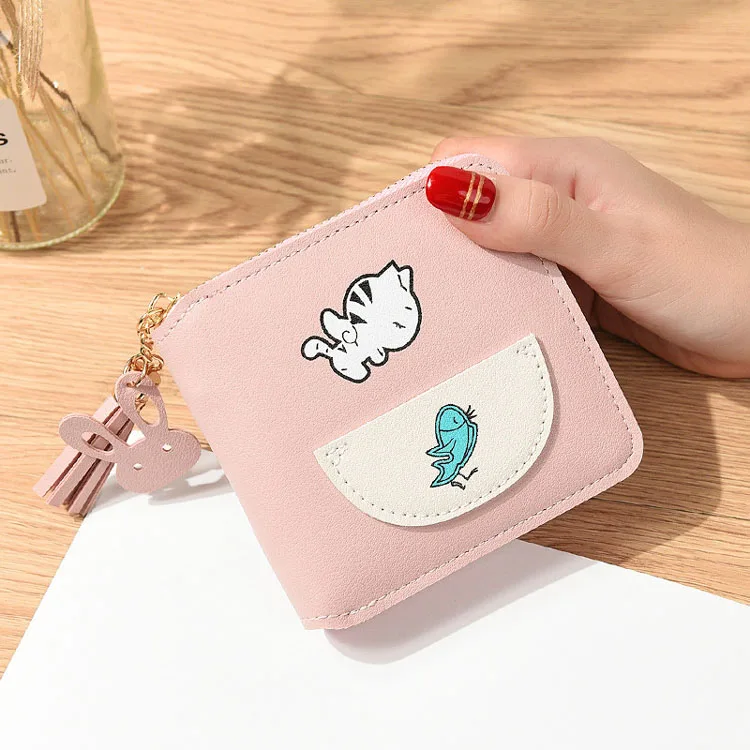 С принтом «кот ест рыбу» с бахромой; Новая кошелек длинными рукавами короткими Симпатичные портмоне для женщин обувь девочек-школьниц на молнии и квадратном мини