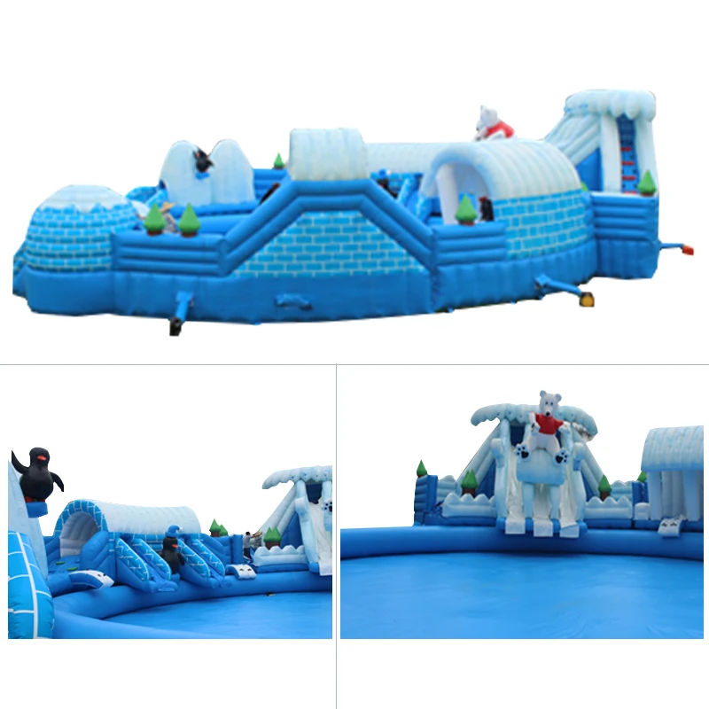 Export to malaysia ice and snow world theme inflatable water slide with pool for kids and adults, inflatable water park for sale
