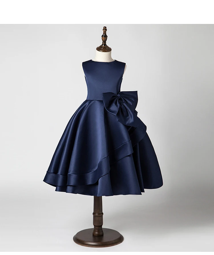 Elegant Blue Color Fabric Children Wedding Dress With Bow Kids O-Neck Sleeveless Gown For Girls