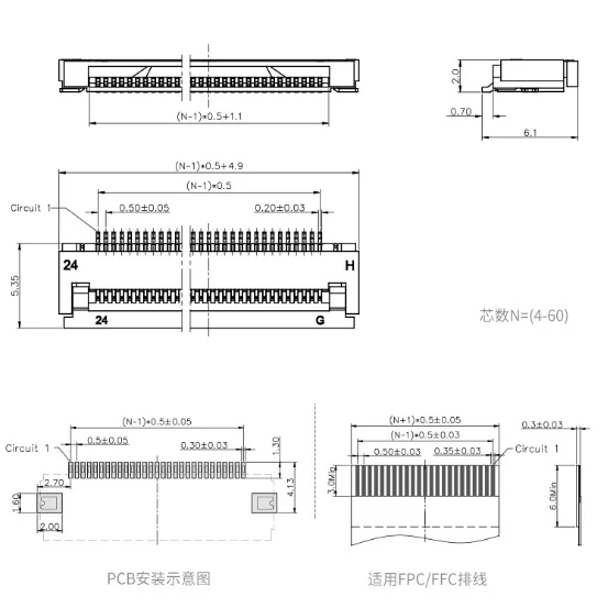 Factory supply 32 39 Pin  0.5mm 0.7mm 0.8mm pitch ffc/fpc connector