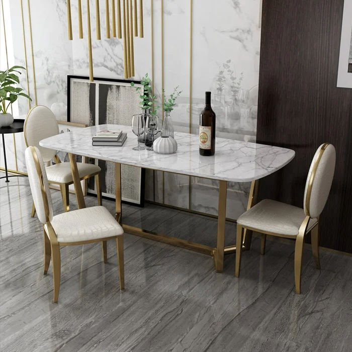Foshan furniture modern luxury dining table set marble top gold stainless steel round marble dining table with 6 chairs