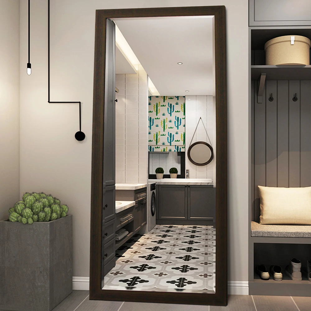 Good Quality Wood Grain Imitation PS Framed Floor Dressing Mirror for Home/Clothing Store