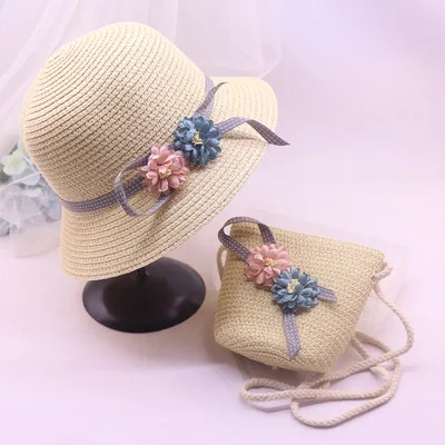 Оптовая продажа, летняя соломенная шляпа от солнца для девочек, пляжная одежда, вязаная шапочка с подходящей сумкой, комплект из соломенной шляпы для мамы и меня