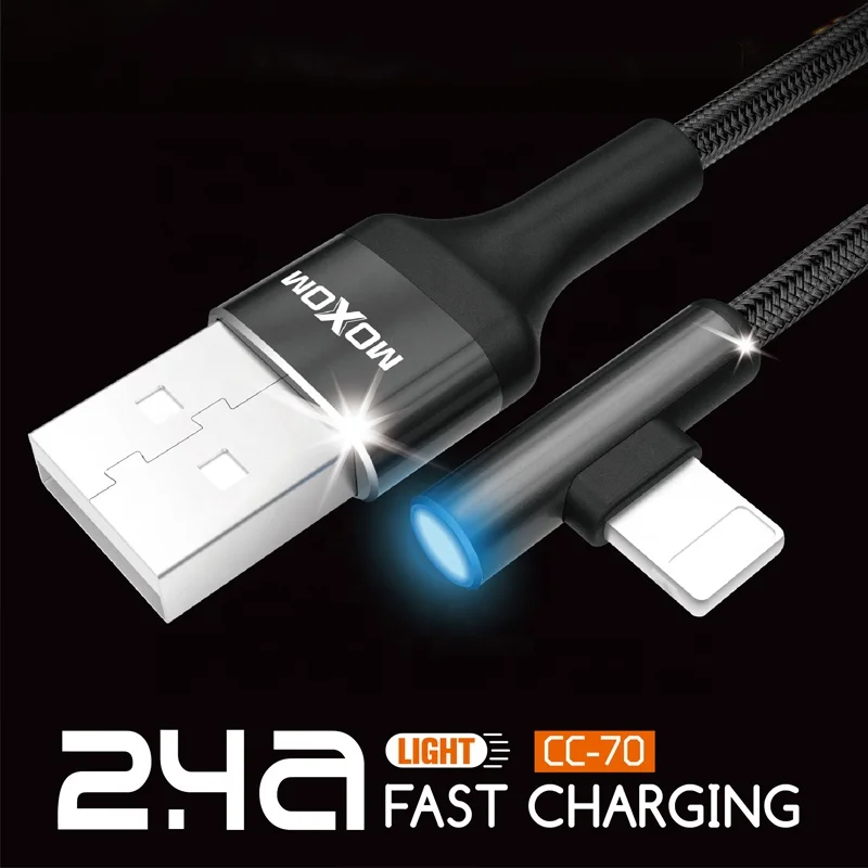 2.4A LED Light MVP Gaming Cable Game Player Cable 1M 90 Degree USB Cable MOXOM