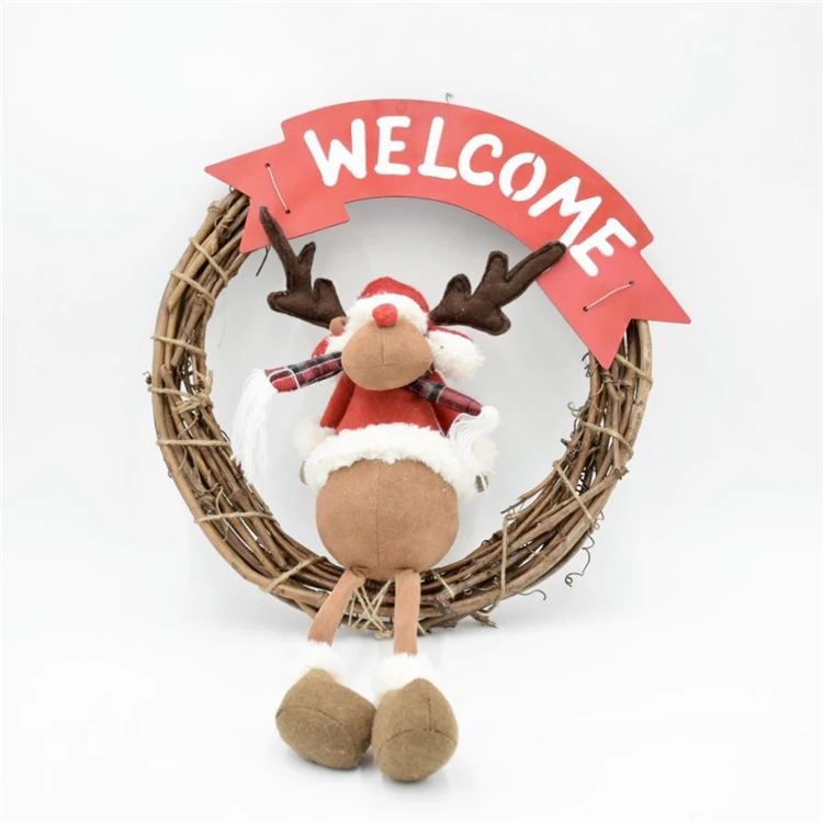Xmas Rattan Hanging Pendants Home Party Decor Garland Decorative Christmas Artificial Reindeer Hedgehog Wreath