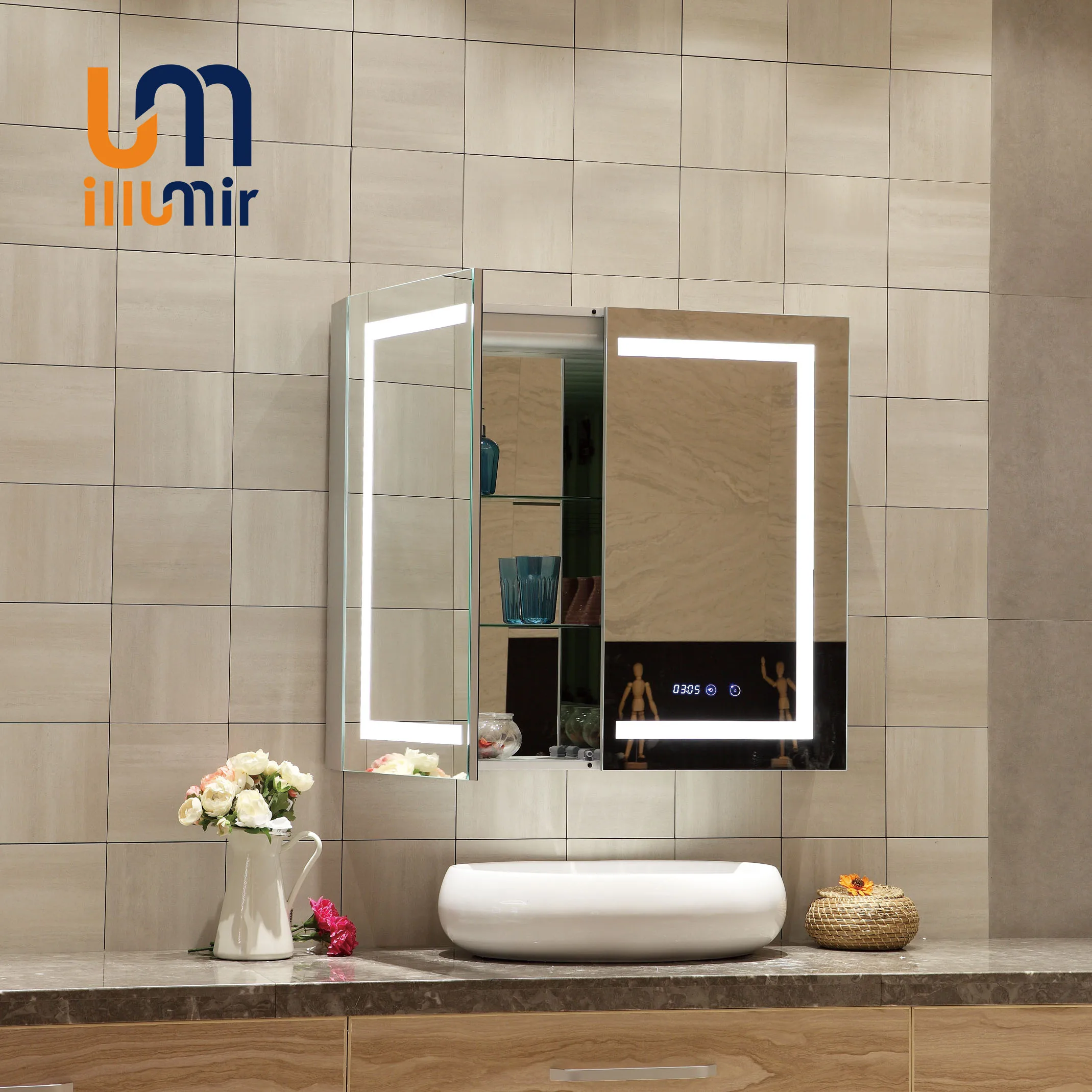 Modern Fashion Wall Mount Illuminated Lighted LED Bathroom Mirrored Medicine Mirror Cabinet