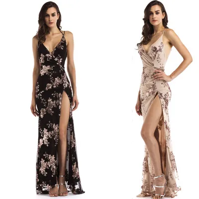 Женское платье на бретельках, длинное вечернее платье с глубоким V-образным вырезом и блестками, сексуальное платье на лето