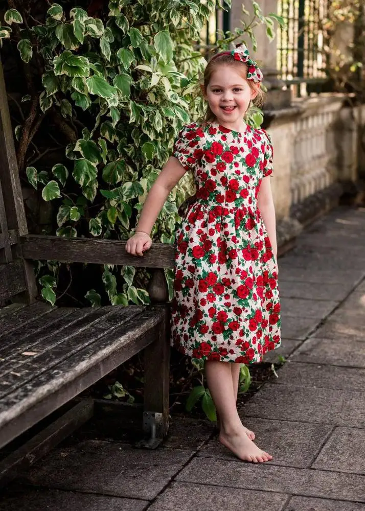 Girls Print Dress For Summer Red Flower Dresses