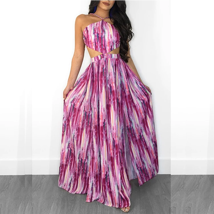 Hollow Out Waist Silk Dress Pattern Pictures Women Sexy Halter Backless Floral Long Maxi Summer Beach Dress