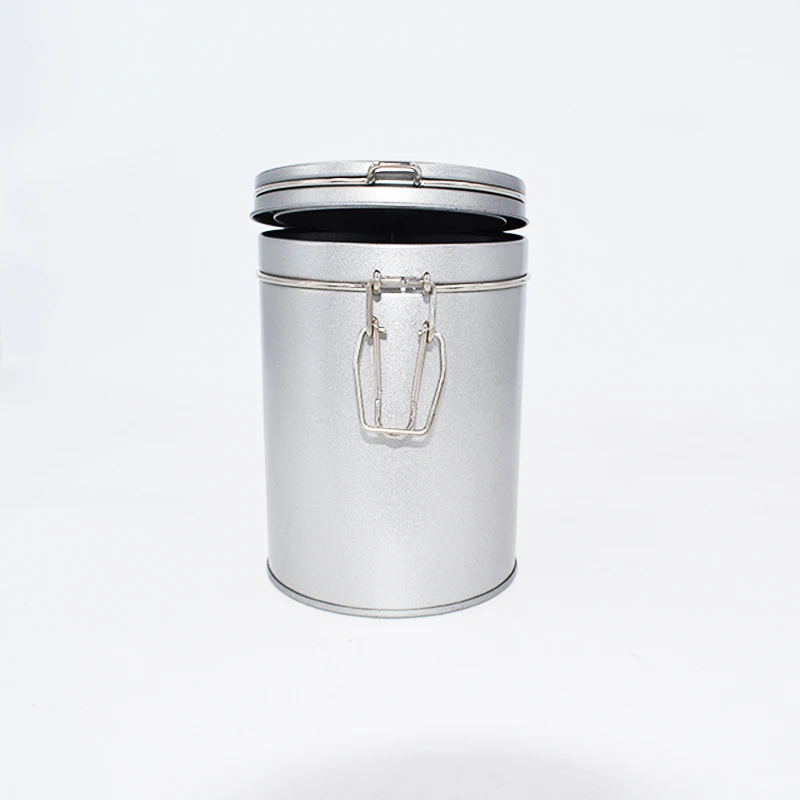 Round Hinged Metal Tin Can With Rubber Sealed Loop Lid