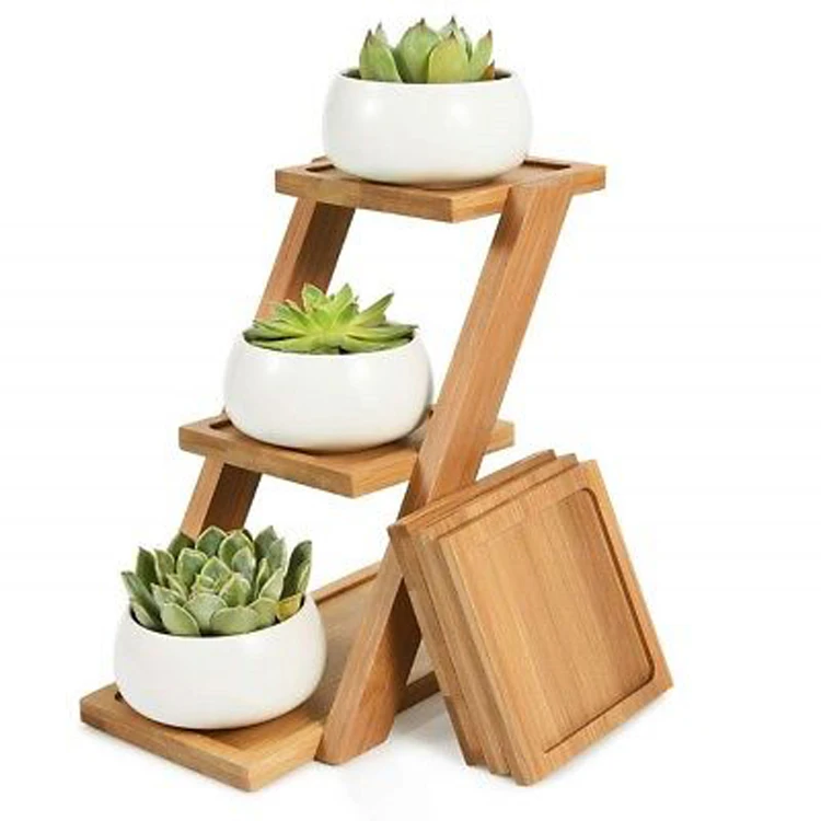 3 Tier Plant Stand Square Bamboo Wooden Tray Stand Cactus Flower Pots Planter Holder