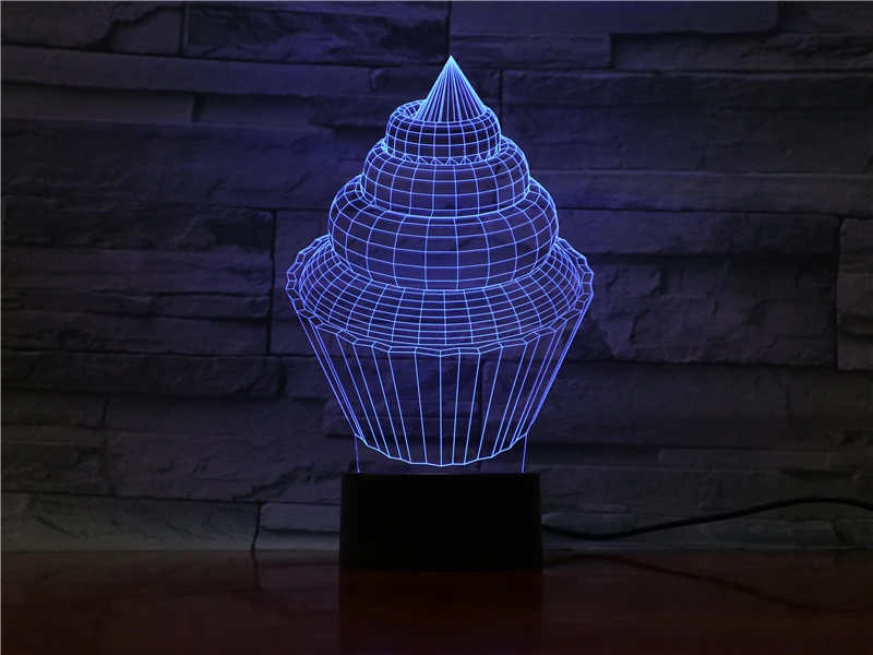 Delicious cupcake dessert food shape 3D Lamp 3D illusion black plastic base 7 color light Christmas day birthday gift