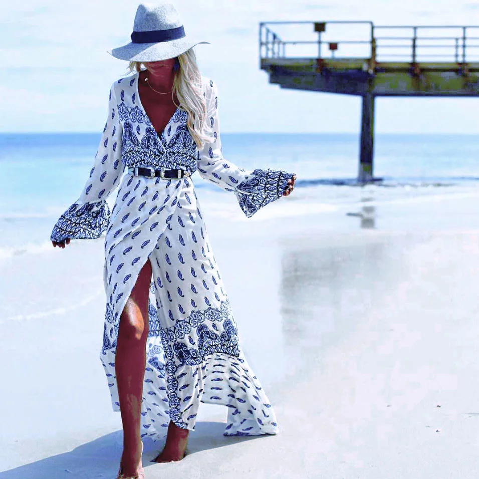 High Quality Long Sleeve Maxi Boho Dresses Women Sexy Deep V-Neck Print Maxi Dress Female Summer Popular Sundress For Women