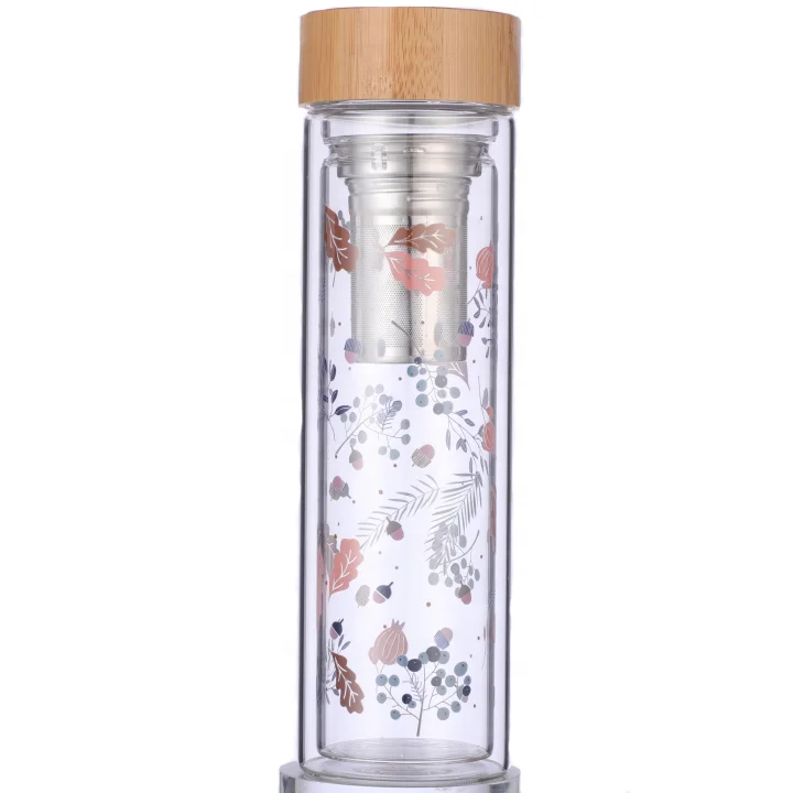 customer stainless steel infuser  bamboo lid double wall borosilicate glass  water bottle