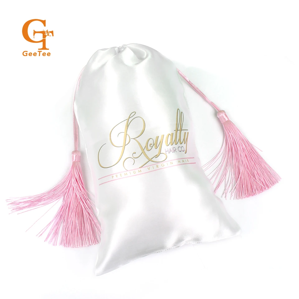 custom logo shop name Virgin hair bundle extensions packaging bags,Customized Luxury silk satin bags hair packing with tassel