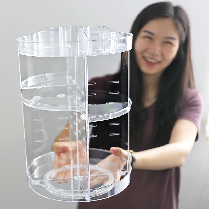 
Factory 360 Rotating high-quality Round 3 tier Clear Transparent Acrylic Cosmetic Storage Box Makeup Organizer 