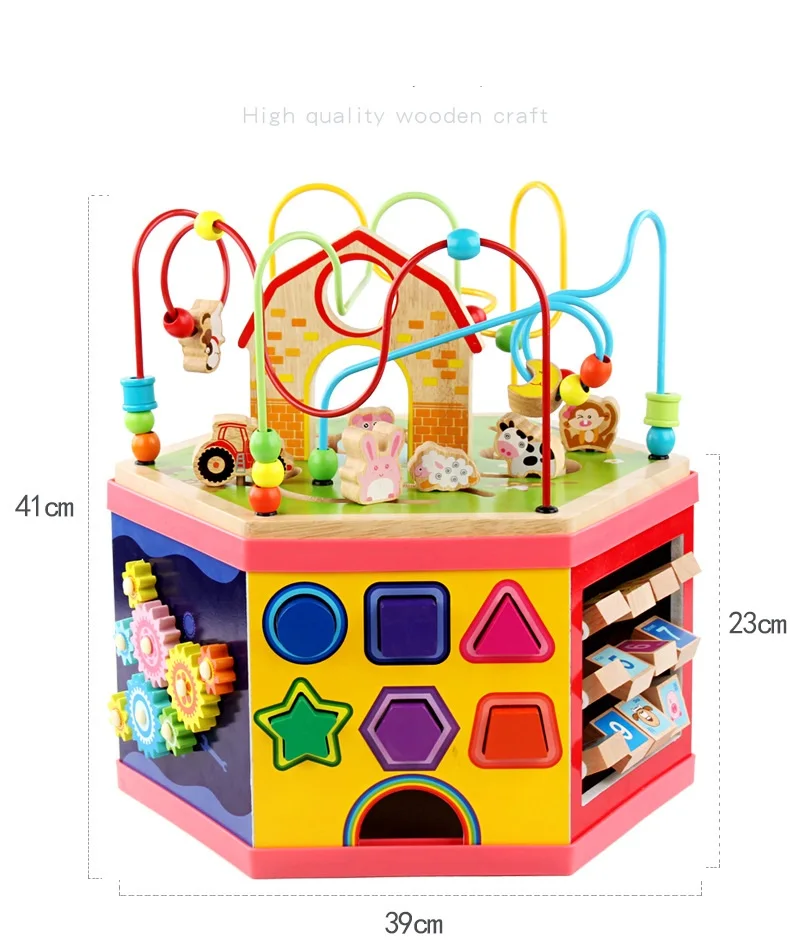 wholesale Hexagon shape wooden bead maze shape block with gear paly game activity toys 7 in1 educational toys WTB22