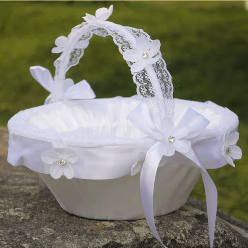 Wedding flower basket Large Satin white Basket Elegant Flower Girl Ivory Basket