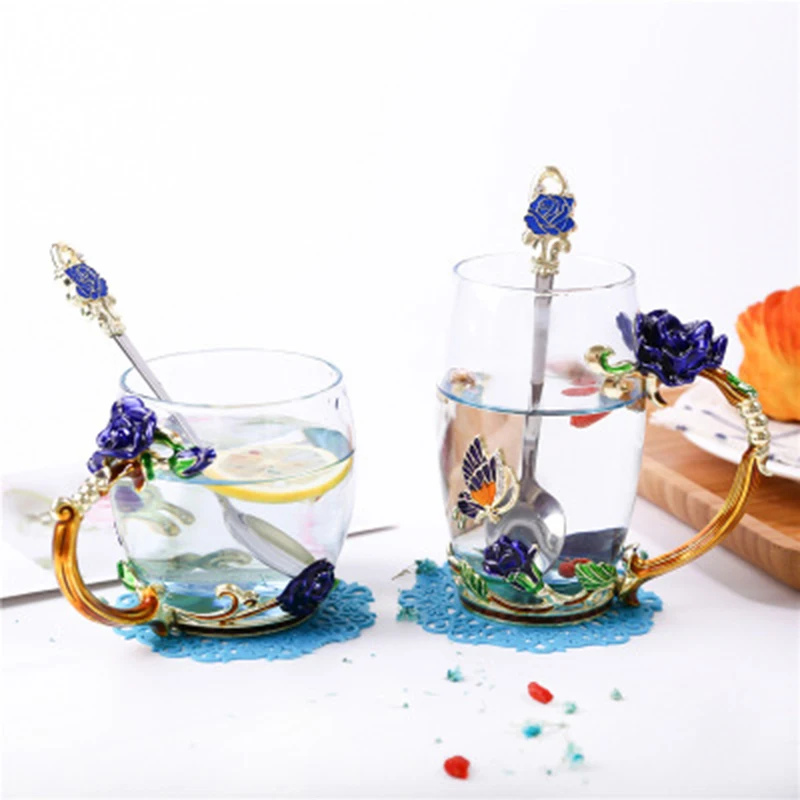 Горячая Распродажа Подарочная чашка эмалированная синяя Роза Чай Кофе Питьевая вода стеклянная чашка кружка набор ложек