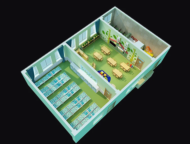 Field theme light blue wooden small class kindergarten kids bedroom room furniture beds