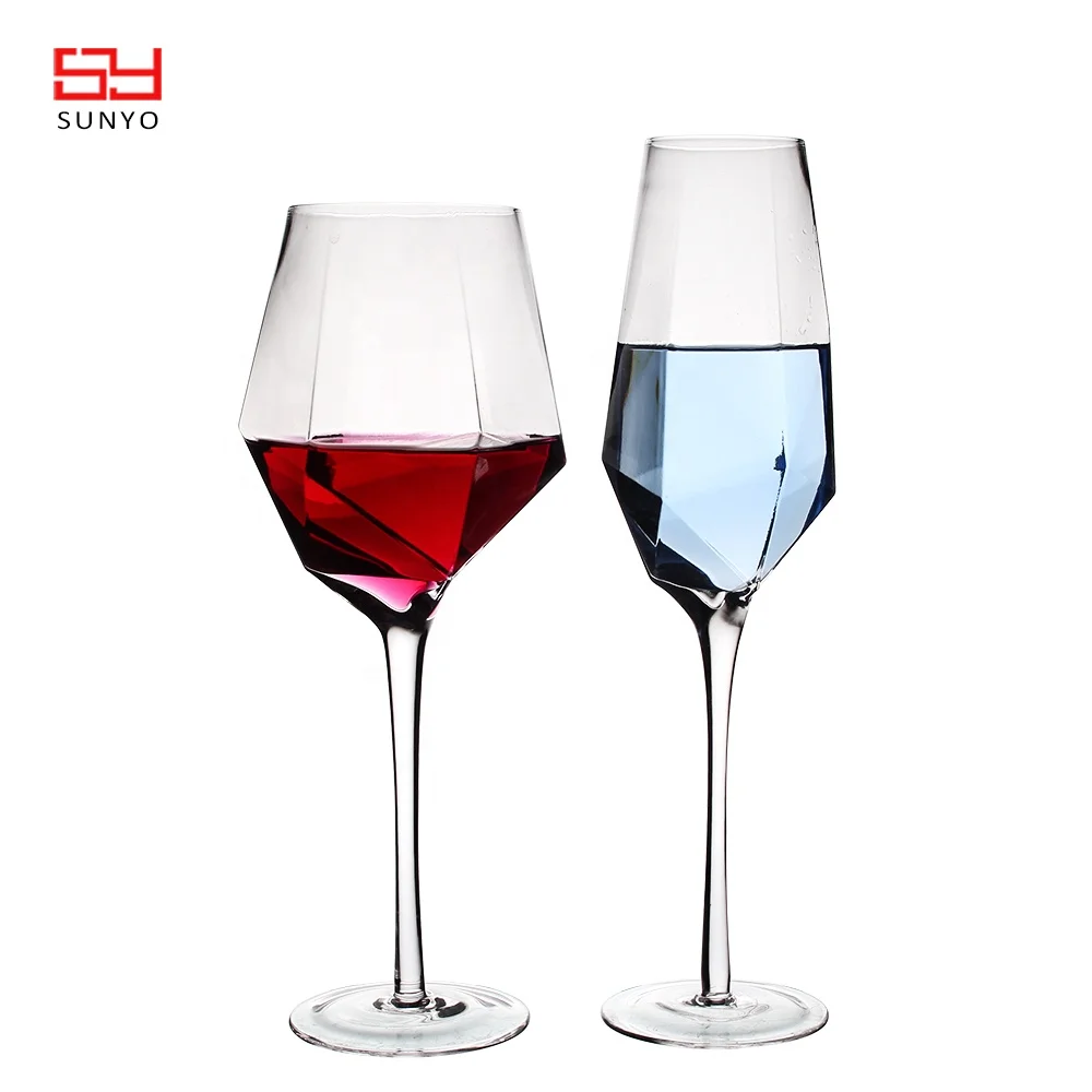 New Product Diamond shape custom  crystal glass red wine glass creative tall glass home decoration diamond cup