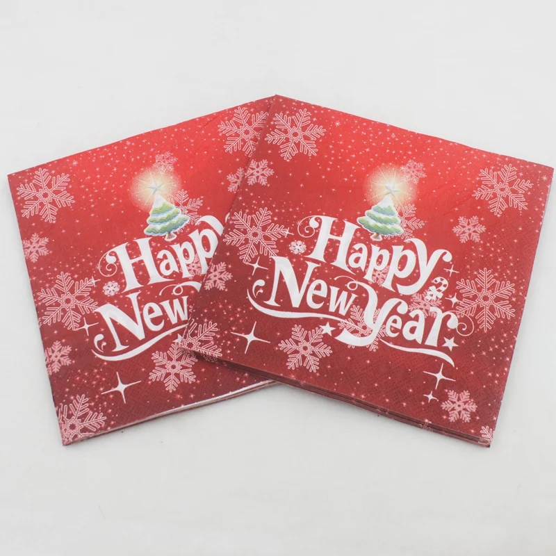 Food-grade Merry Christmas And Happe New Year Paper Napkins Tissue Napkin Servilleta For Christmas Party Decor 33*33cm Or Custom