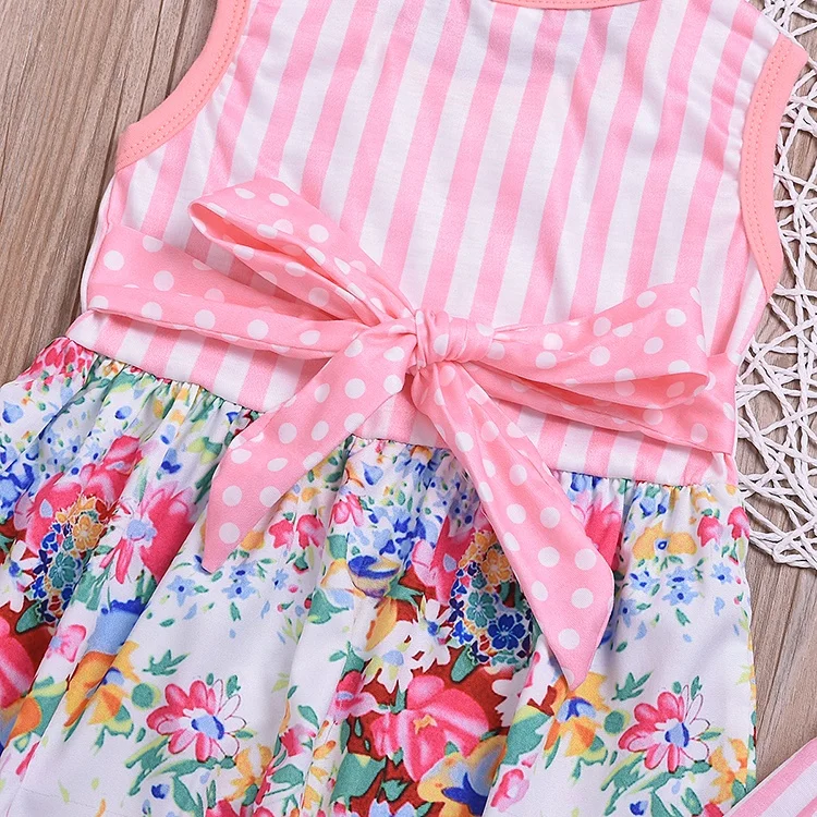 
High quality pink strip floral dress & stripe ruffles pants summer baby clothes newborn set 