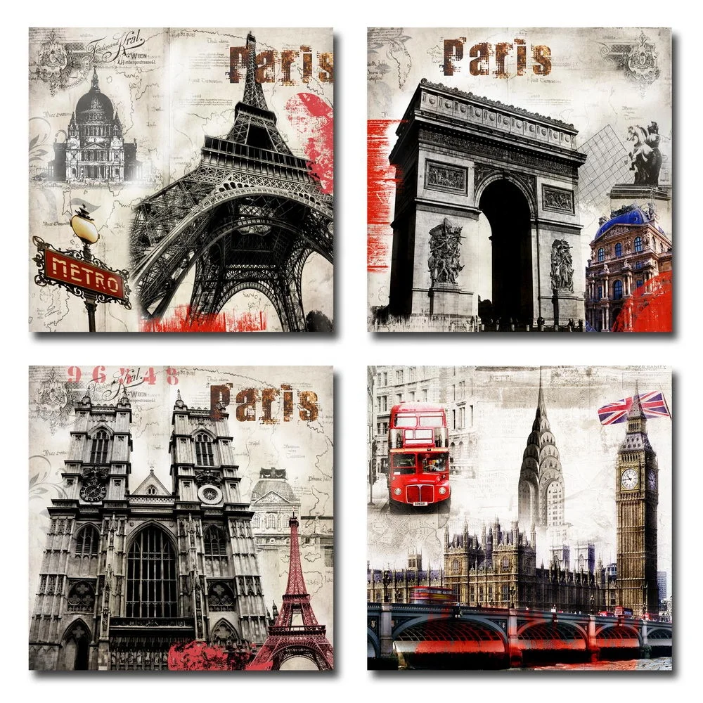 Free sample wall art 4 panels canvas art living room decoration of famous European buildings