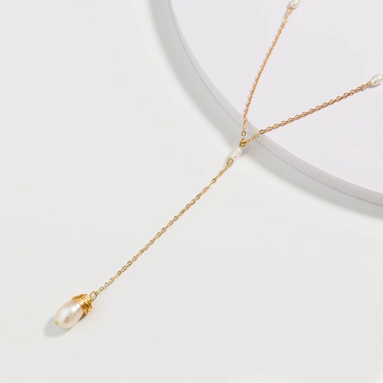 Elegant Long Gold Layered Wire Wrapped Baroque Pearl Choker Necklace