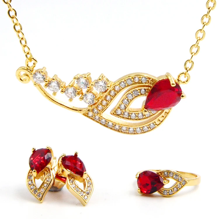 Fashion Luxury Dubai 18K Gold Plated Red Rubies Jewelry Set for Women