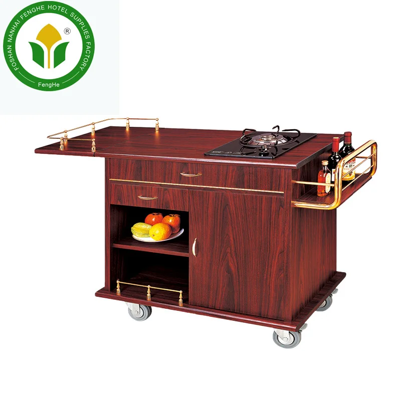 Hotel single gas stove solid wood cooking cart flambe trolley