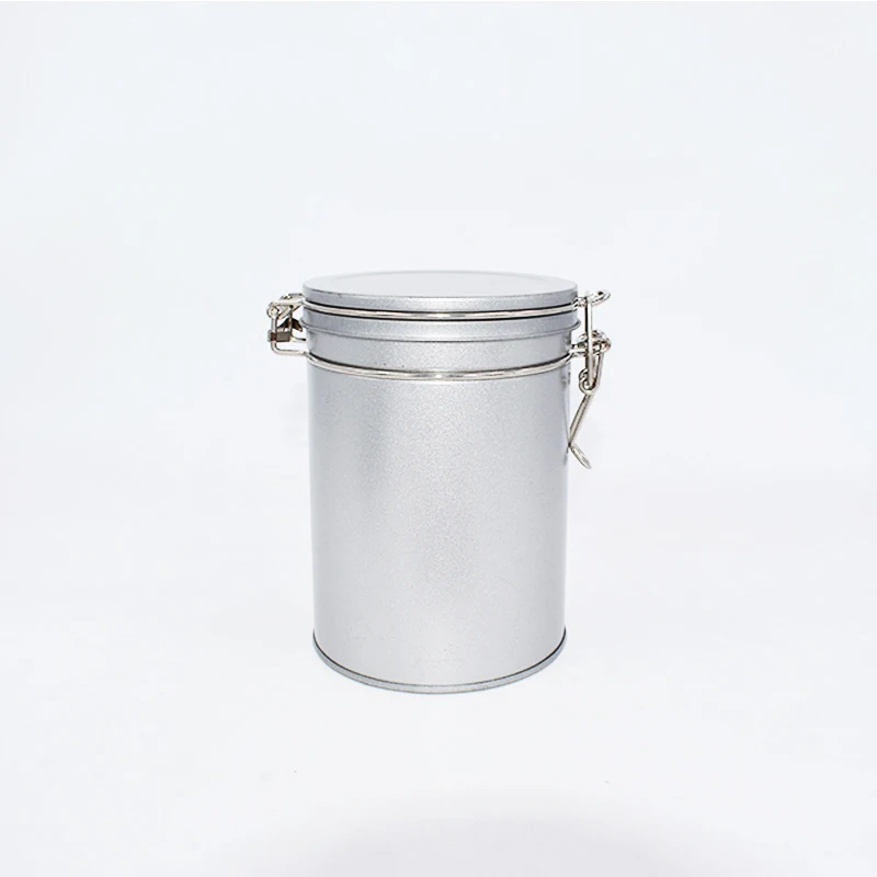 Round Hinged Metal Tin Can With Rubber Sealed Loop Lid