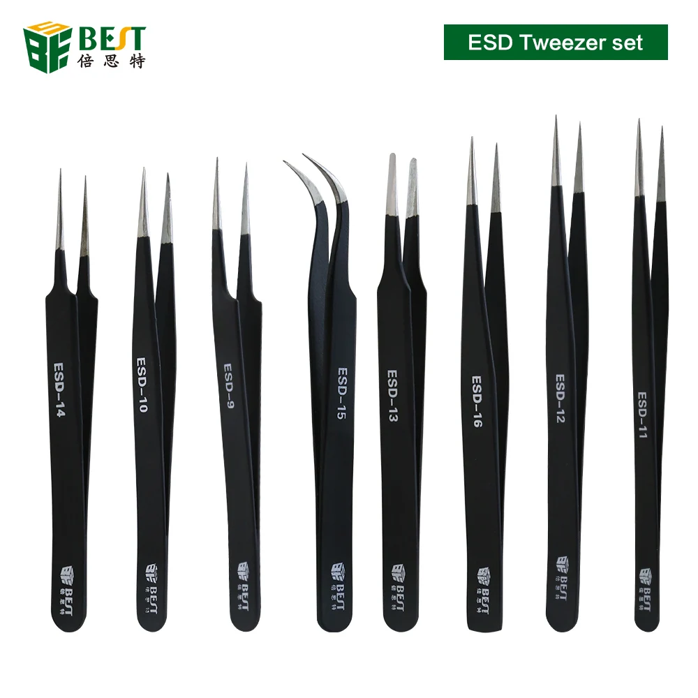 Hand Tool Pincers Set Electronics Forceps Tweezers Set Anti-static Stainless Steel Curved Straight Antistatic Painting Treatment