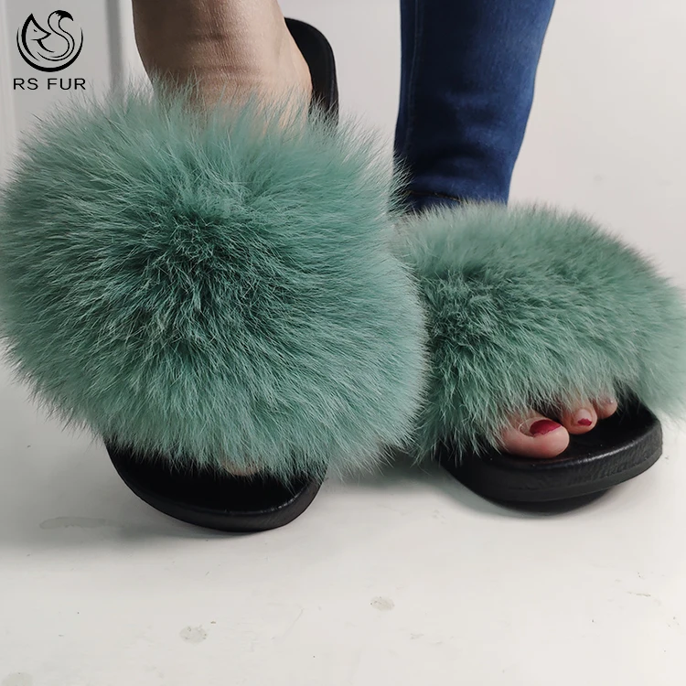 Cheap Wholesale Indoor Slipper Comfortable Custom Sandals Cruelty Free Black Fox Fur Slipper