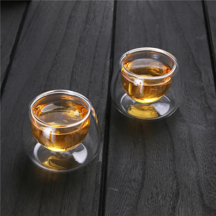 heat resistant double wall glass teacup, round small tea mug 50ml