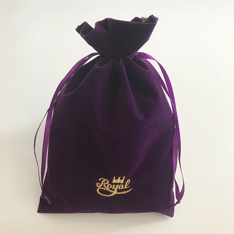 
Custom Embroidery Logo 20x30cm Purple drawstring velvet Gift Promotional Packaging Pouches bag with top ruffle 