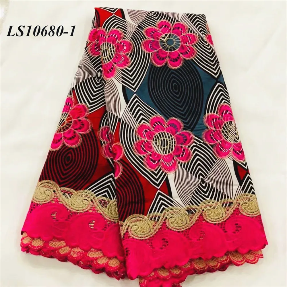 Wholesale real wax 6 yards print fabric african super embroidery with guipure lace with stones for women