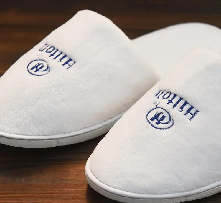 Wholesale Custom Logo White Coral Fleece Eva Sole Hotel Disposable Slippers