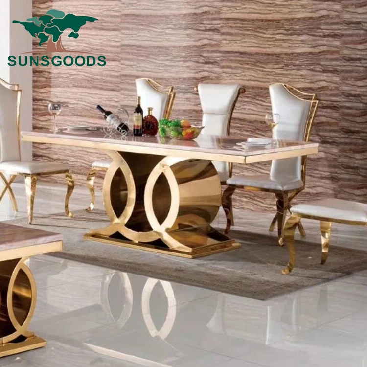 
6 seater new design modern gold stainless steel marble dining table set 