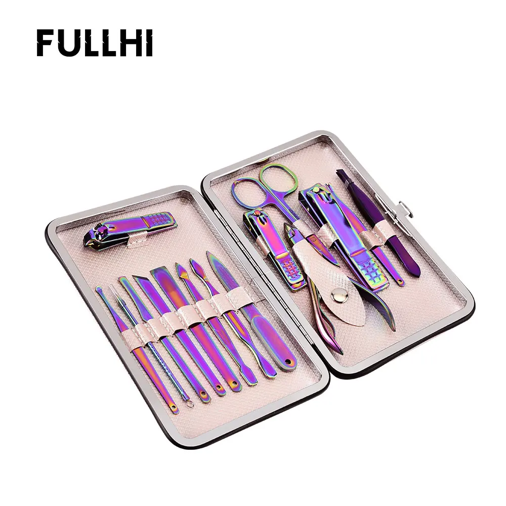 FULLHI Nail Clipper File Cuticle Nipper Nail Art Tool Face Cleaning Care 15 PCS/Set Rainbow Manicure Set with Luxury Travel Case